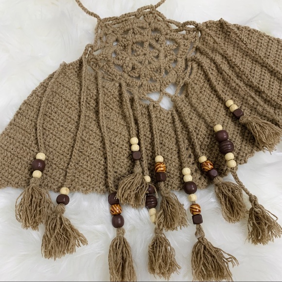 HANDMADE | Brown Crochet Mandala Beaded Tassels Cropped Hippie Halter Top - Picture 5 of 7